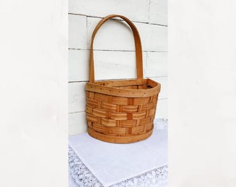 Antique Woven Wood Wall Basket with Handle. Wall pocket basket. Hanging half round brown basket.