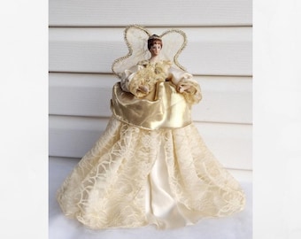 Victorian porcelain angel Christmas tree topper. Lace wings /dress. Cream and gold.  Angel figure. 13" tall. Thailand.  Holiday angel topper
