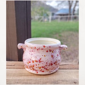May include: A ceramic pot with a light pink base and a white interior. The pot is decorated with red and yellow speckles. It has two curved handles and sits on a wooden surface. The background is blurred, showing a green lawn and a building.