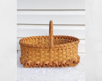 Large  single handle woven wood basket with scroll accents.  Gathering basket.  Decorative baskets.  15" X 11.5"