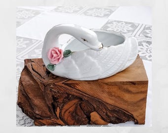 Vintage Swan Planter: Gold Trim Rose Trinket Dish