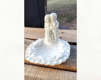 Vintage porcelain wedding couple trinket dish. Ribbon and bow accented.  Bride and groom figure.  Vintage Wedding figurines.