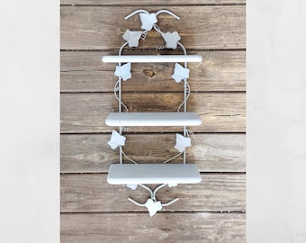 Vintage painted wood and metal 3 tiered wall mount display shelf.  knick knack shelf.  Compartment display wall. gray color. Painted.