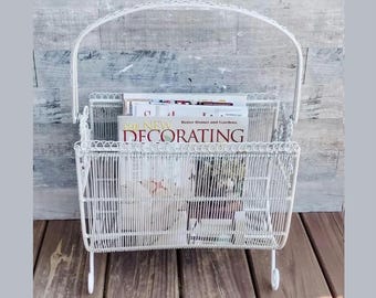Vintage White Metal Magazine Rack: Scrolly Design