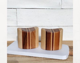 Vintage multi-tone hardwood salt and pepper shakers set.  Vintage shakers.  Made in Thailand. 3.25" tall.