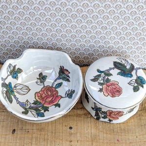 Vintage Chinese Rose Bowl Set: Hand-Painted Porcelain Trinket Box