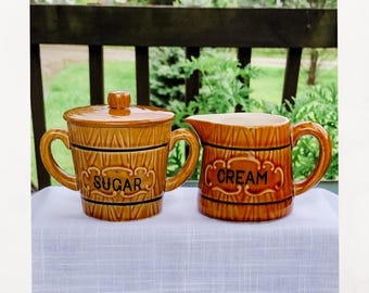 Vintage Royal Sealy Creamer and Sugar Bowl Set: Wood Look Ceramic, 1950s