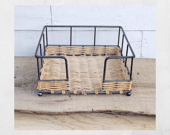 Vintage napkin holder. wicker and metal.  Ball feet. Dining and serving.  kitchen and dining.  farmhouse decor.