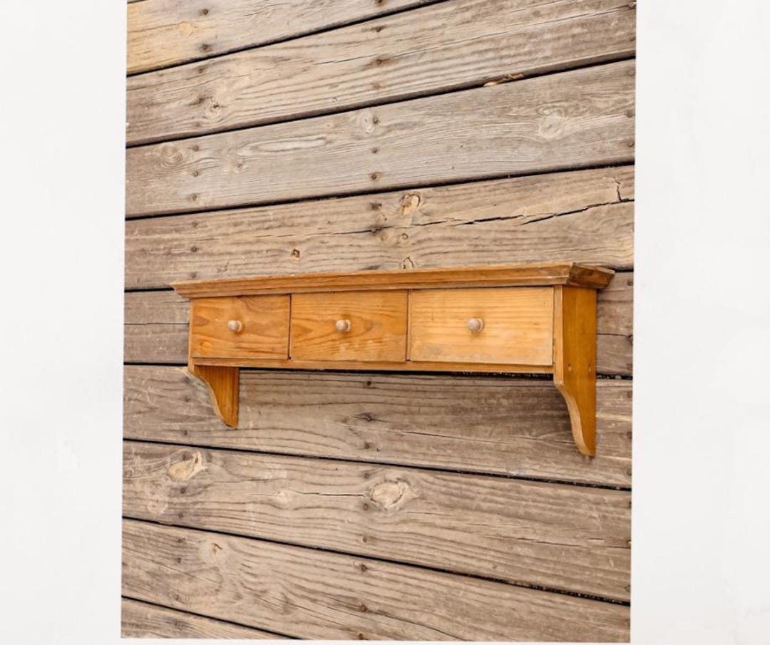 Old Rustic Wooden Wall Mount Display Shelf With 3 Drawers. Hanging ...