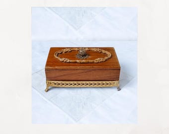 Vintage Wooden Trinket Box: Filigree Gold Accents, Divided Interior