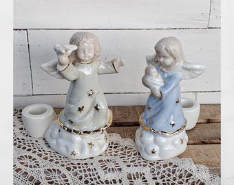 Vintage set of porcelain angel candle holders. taper candle holders. candlestick holders.  1980s. Vintage Christmas gifts
