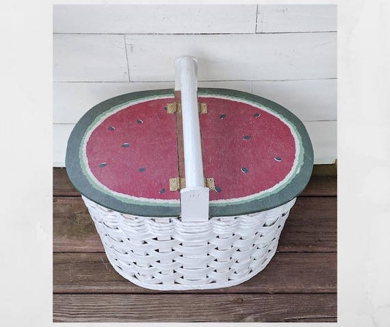 LG. Vintage picnic basket. Watermelon shaped woven wicker picnic basket. Folk art wood. Food storage basket.
