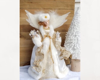 Vintage Gold/white animated fiber optic angel Christmas tree topper.  Christmas angel figure.  15" tall.