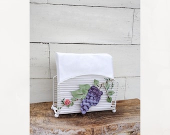 Vintage Metal Wire Napkin Holder: Grapes, Ivy & Pink Rose