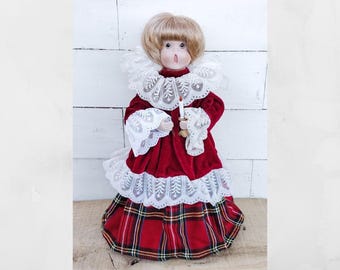 Vintage Angel Christmas tree topper.  Caroler angel.  Porcelain hands/ face. Red and white Angel Tree Topper. Singing angel. 12"