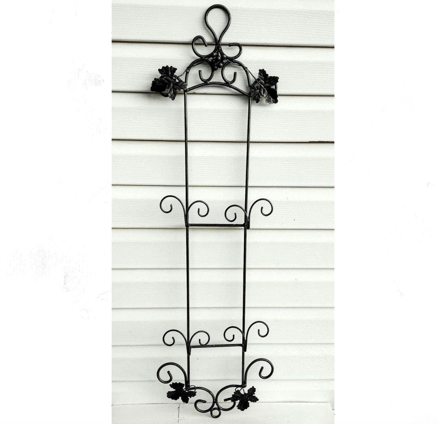 Vintage iron 2 tier plate rack. grape and leaf design.   Wall mount plate rack. Vertical plate display wall. Green/ black/ copper tones.