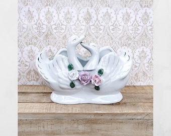 Vintage Porcelain Kissing Swans Trinket Dish: Vanity Planter with Roses