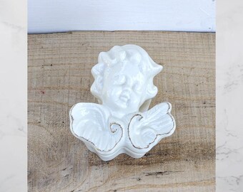 Vintage Ivory and gold Cherub trinket box. Porcelain trinket box. ring dish.  Angel.