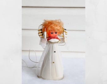 Vintage 1970s Timco lighted angel Christmas tree topper.  Tulle winged angel figure.  8" tall