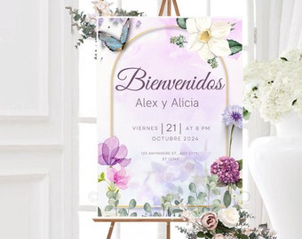 Cartel de bienvenida para bodas elegante en colores purpura