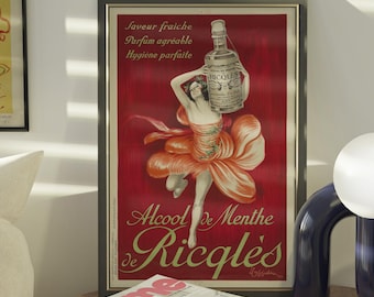 Museum Quality Ricqlès Alcool de Menthe Vintage Poster | French Mint Liquor Print | Retro Art Deco Advertisement | Red Wall Art | Bar Decor