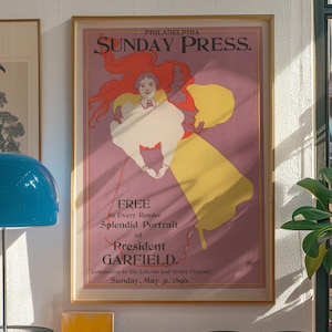 Impresión de calidad del Museo de Arte Americano Vintage, póster de Sunday World, póster publicitario antiguo, efímera de principios del siglo XX, póster de estilo Art Nouveau