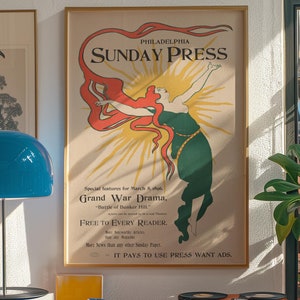 Amerikanischer Vintage Kunstmuseum Qualitätsdruck, Sonntags-Weltplakat, antikes Werbeplakat, Anfang 1900s Ephemera, Jugendstilplakat