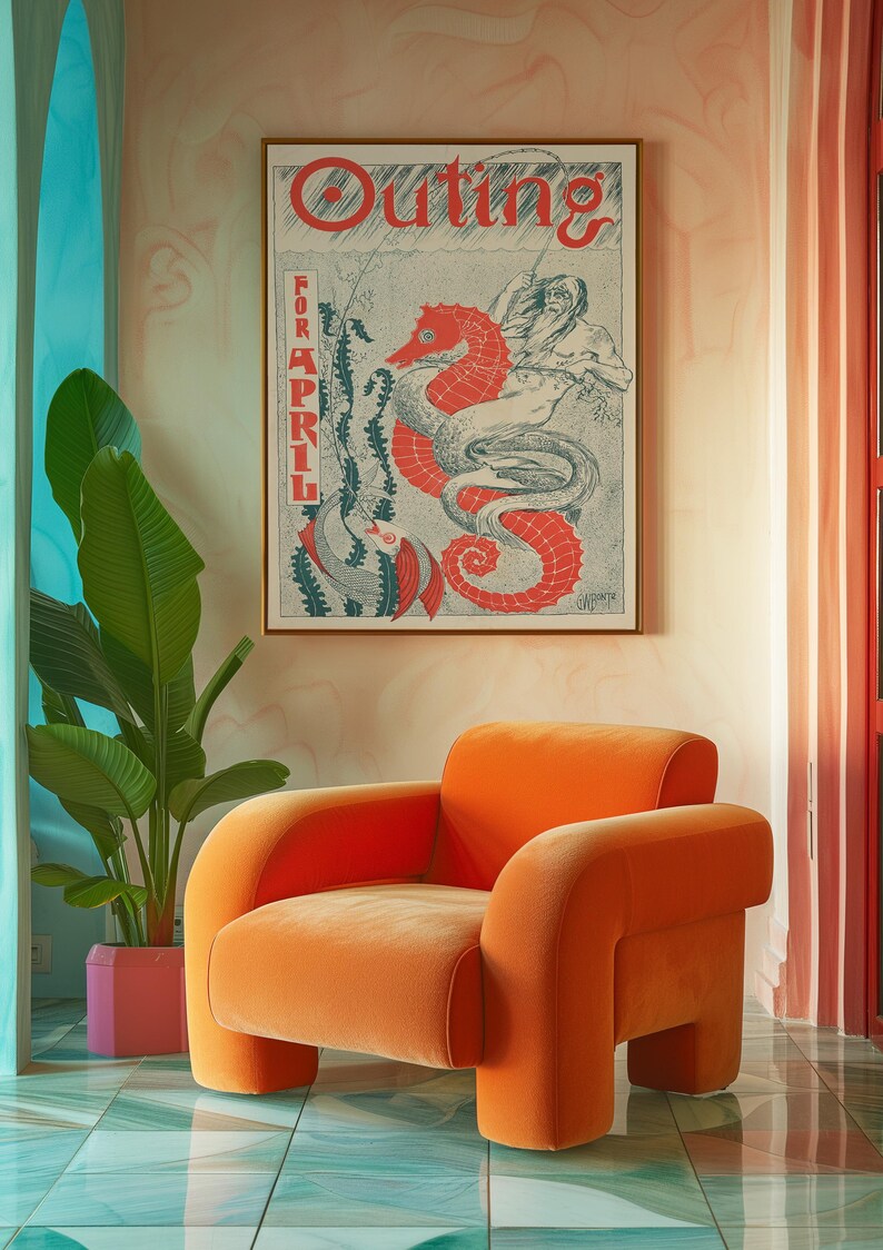 May include: An orange velvet armchair with rounded edges and a high back sits in a room with a teal and white tiled floor. A framed poster with the text "Outing for April" and a seahorse illustration hangs on the wall behind the chair.