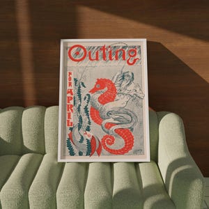 May include: A vintage magazine cover for "Outing" magazine, featuring a red and blue illustration of a man riding a seahorse. The cover text reads "For April".