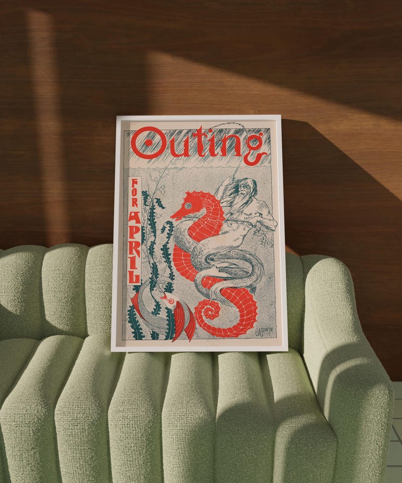 May include: A vintage magazine cover for "Outing" magazine, featuring a red and blue illustration of a man riding a seahorse. The cover text reads "For April".