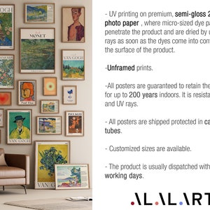 May include: A collection of framed art prints featuring various styles and artists, including Van Gogh, Monet, and Paul Klee. The prints are displayed on a wall in a living room setting with a brown leather armchair and a small wooden table. The text on the wall describes the prints as being printed on premium, semi-gloss photo paper and guaranteed to retain their colours for up to 200 years indoors. The prints are also resistant to water and UV rays.