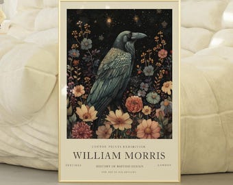 Museum Quality Mystical Crow Poster,  William Morris Style Raven Print, Victorian Gothic Print, Gothic Bird Wall Decor, Dark Academia Art