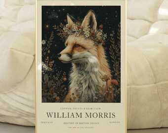 Museum Quality Floral Fox Poster, William Morris Inspired Wall Art, Vintage Fox Print, Cottagecore Boho Decor, Fox Lover Gift, Rustic Decor