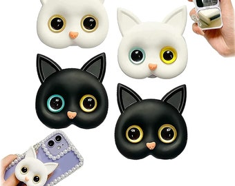 Cute Kitten Phone Holder with Mini Mirror, Black Cat White Cat Phone Grip Holder, Kawaii Folding Phone Grip, Cat Lovers, Gift for Her