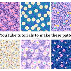 Op de afbeelding: Zes verschillende bloemenpatronen met blauwe, roze, gele en witte bloemen op een blauwe, roze of gele achtergrond.  Volledige YouTube-tutorials om deze patronen te maken!
