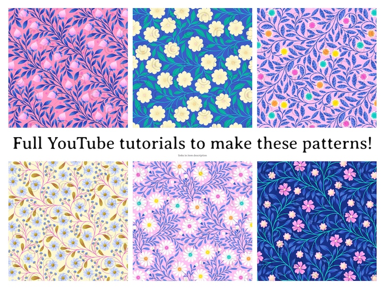 Op de afbeelding: Zes verschillende bloemenpatronen met blauwe, roze, gele en witte bloemen op een blauwe, roze of gele achtergrond.  Volledige YouTube-tutorials om deze patronen te maken!