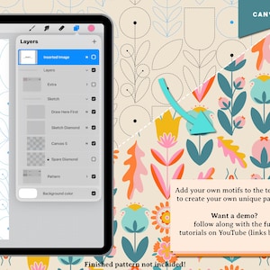 May include: A digital art template on a tablet screen, featuring layers for pattern design. The background showcases a colorful floral pattern with text: "Add your own motifs to the template to create your own unique patterns!"