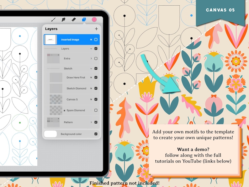 May include: A digital art template on a tablet screen, featuring layers for pattern design. The background showcases a colorful floral pattern with text: "Add your own motifs to the template to create your own unique patterns!"