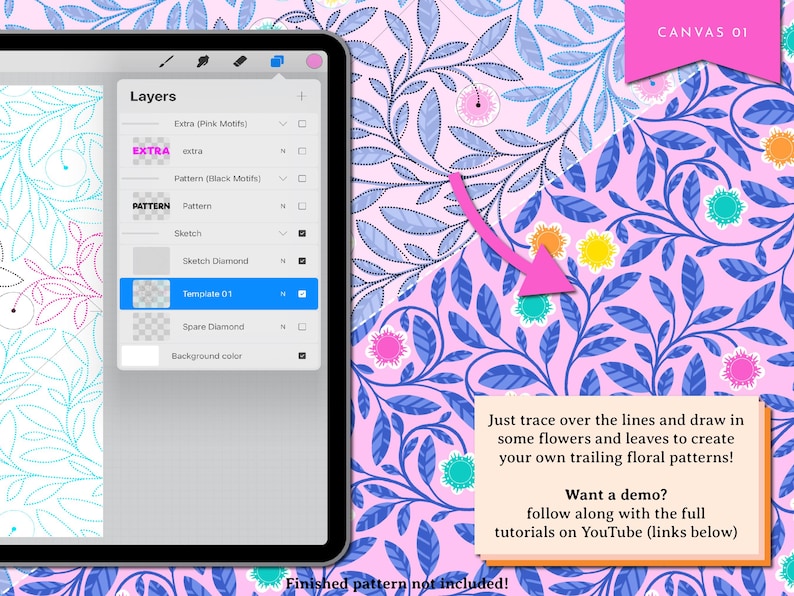 Op de afbeelding: Een digitale illustratiehandleiding op een tabletscherm met een roze bloemenpatroon met blauwe bladeren. De handleiding instrueert gebruikers om de lijnen te traceren en bloemen en bladeren toe te voegen om hun eigen rankende bloemenpatronen te maken. De tekst vermeldt ook een demo op YouTube.
