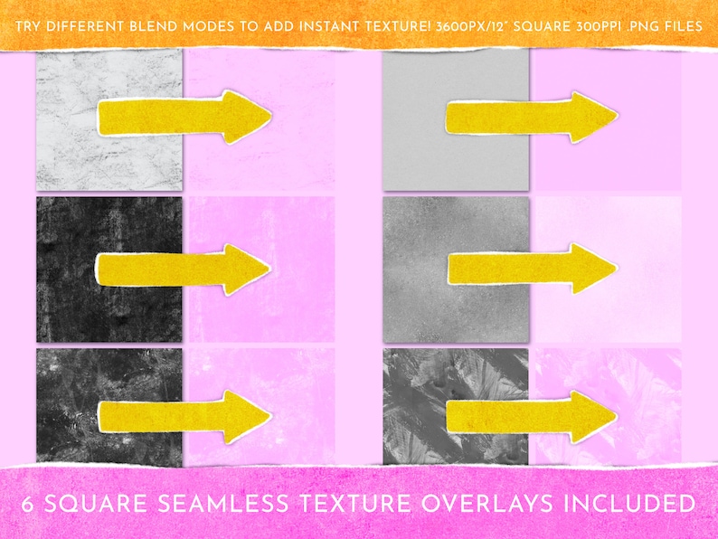 以下が含まれることがあります： 6つの正方形のシームレスなテクスチャオーバーレイ。それぞれ異なるグレーとブラックのテクスチャパターンが施されています。オーバーレイは3600ピクセル&times;3600ピクセル、300ppiです。画像の上部には「TRY DIFFERENT BLEND MODES TO ADD INSTANT TEXTURE! 3600PX/12 SQUARE 300PPI.PNG FILES」というテキストがあります。画像の下部には「6 SQUARE SEAMLESS TEXTURE OVERLAYS INCLUDED」というテキストがあります。