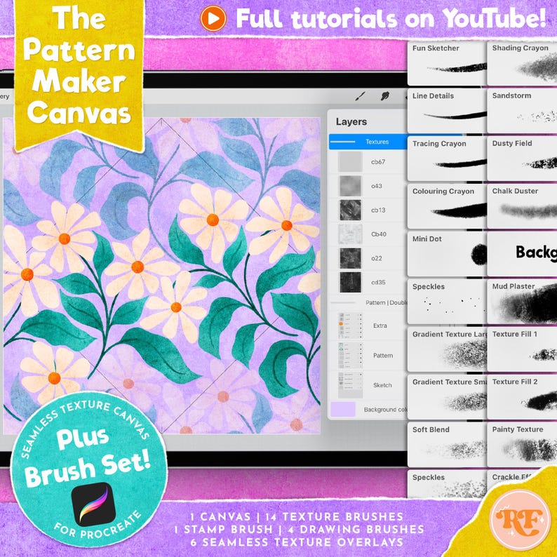 The Pattern Maker Canvas for Procreate, Texture Brushes and Seamless Canvas Texture Overlays for Surface Pattern Design 画像 1