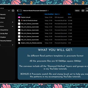 May include: A digital tablet displays a Procreate file directory titled "Folk-Art Florals Canvases 2." The screen shows various Procreate documents and a brush set. Text on the screen details what is included, such as floral pattern templates and a bonus swatch file.