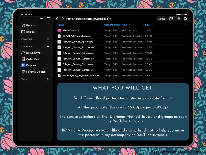 May include: A digital tablet displays a Procreate file directory titled "Folk-Art Florals Canvases 2." The screen shows various Procreate documents and a brush set. Text on the screen details what is included, such as floral pattern templates and a bonus swatch file.