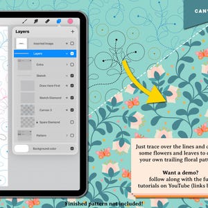 May include: A digital art tutorial on a tablet, showing layers and a floral pattern design. The image includes text that says, "Just trace over the lines and draw in some flowers and leaves to create your own trailing floral patterns!"