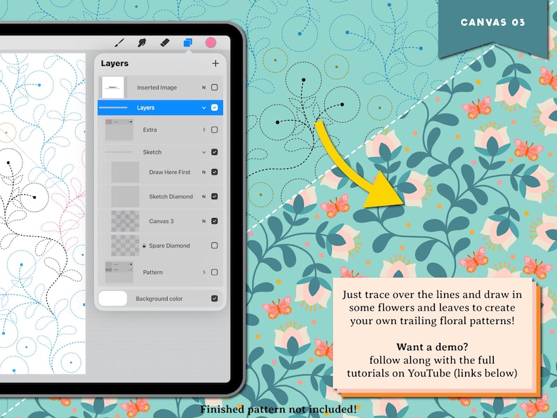 May include: A digital art tutorial on a tablet, showing layers and a floral pattern design. The image includes text that says, "Just trace over the lines and draw in some flowers and leaves to create your own trailing floral patterns!"