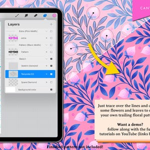 Op de afbeelding: Een digitale illustratiehandleiding die laat zien hoe je een bloemenpatroon kunt maken. De afbeelding toont een digitaal tekentablet met een bloemenpatroon op het scherm. De handleiding bevat instructies om over de lijnen te traceren en bloemen en bladeren te tekenen om je eigen rankende bloemenpatronen te maken. De tekst "Canvas 03" is zichtbaar in de rechterbovenhoek van de afbeelding.