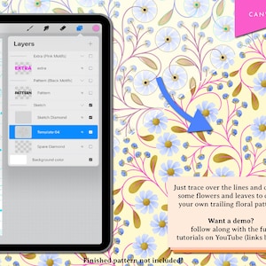 Op de afbeelding: Een digitale illustratie-tutorial op een tabletscherm met een bloemenpatroon met blauwe bloemen en roze stengels. De tutorial instructeert gebruikers om de lijnen te traceren en bloemen en bladeren toe te voegen om hun eigen rankende bloemenpatronen te maken. De tekst bevat ook een call-to-action om de volledige tutorials op YouTube te volgen.