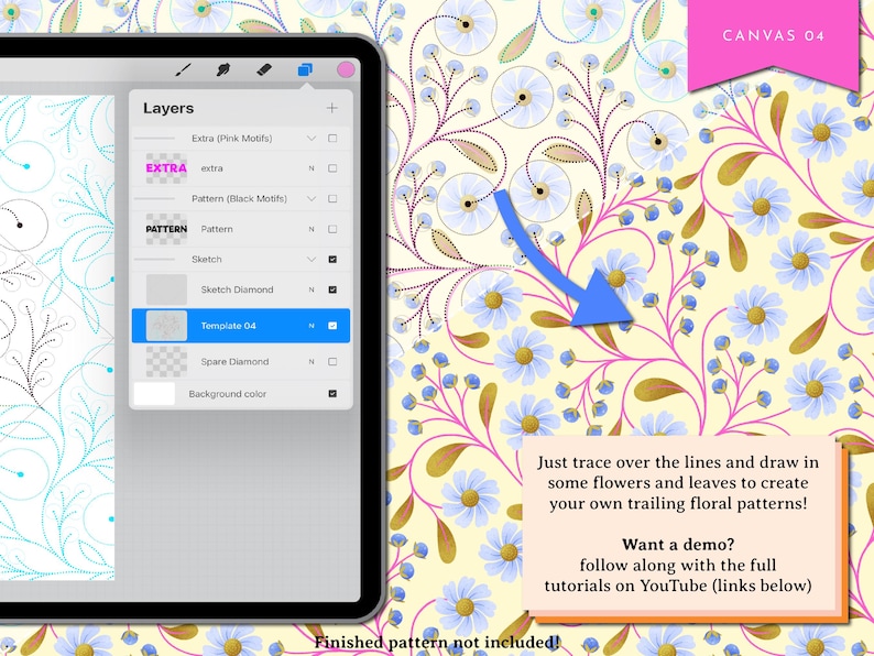 Op de afbeelding: Een digitale illustratie-tutorial op een tabletscherm met een bloemenpatroon met blauwe bloemen en roze stengels. De tutorial instructeert gebruikers om de lijnen te traceren en bloemen en bladeren toe te voegen om hun eigen rankende bloemenpatronen te maken. De tekst bevat ook een call-to-action om de volledige tutorials op YouTube te volgen.