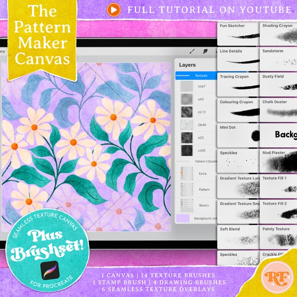 The Pattern Maker Canvas for Procreate, Texture Brushes and Seamless Canvas Texture Overlays for Surface Pattern Design