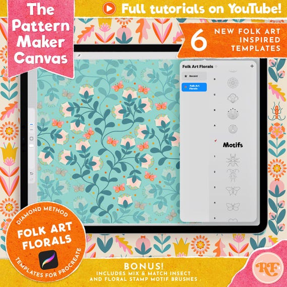 The Pattern Maker Canvas: Folk Art Floral Templates, Diamond Method Canvas for Procreate, Pattern Templates for Surface Pattern Design